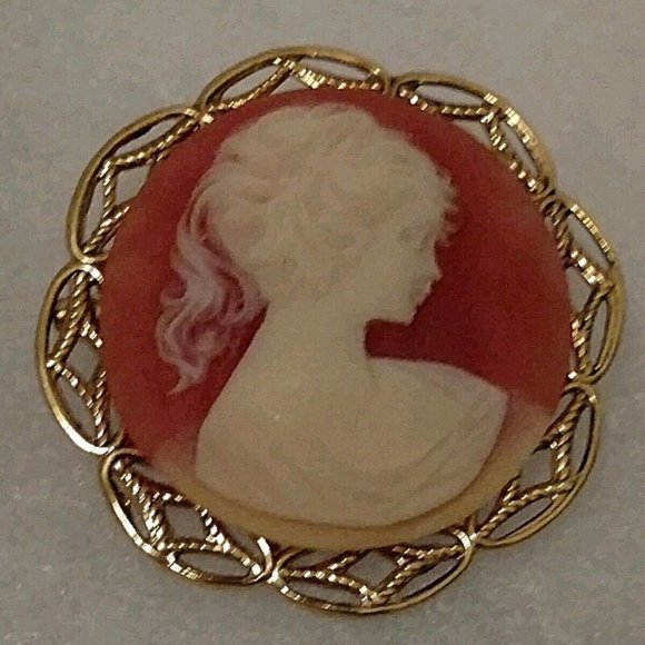 Round Salmon Cameo Silhouette Brooch Pin 1960's - Picture 1 of 5